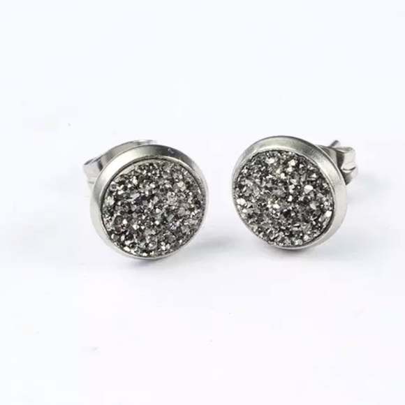 Metallic Silver Stainless Steel Druzy Stud Earrings - Picture 4 of 11